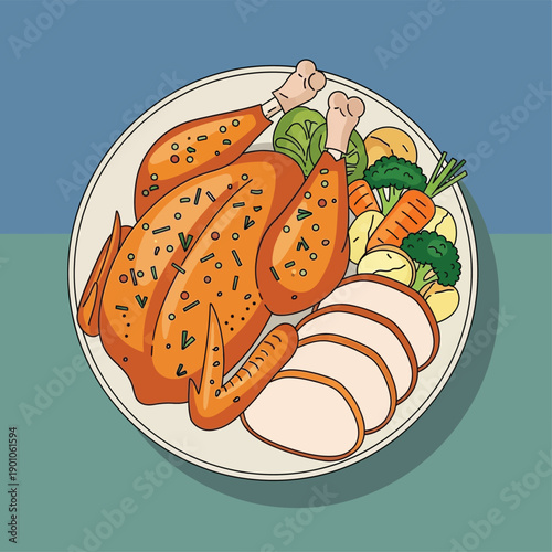 Roasted turkey dinner, holiday meal, food plate, Thanksgiving feast, roasted chicken