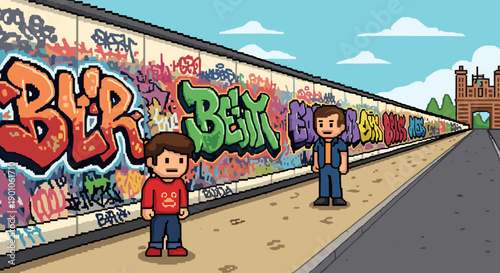 Pixel art street scene with colorful graffiti on urban wall