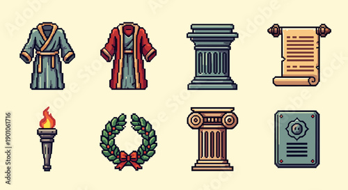 Pixel art ancient rome icons: robes, columns, scrolls, torch, laurel wreath, plaque