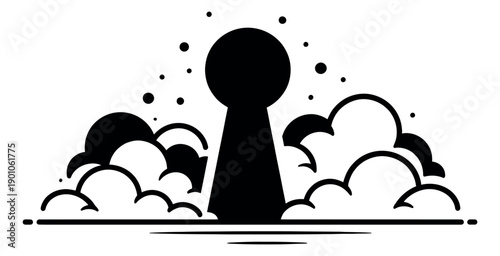 Minimalist abstract illustration of a keyhole depicting a mysterious opening with swirling clouds for symbolic concepts