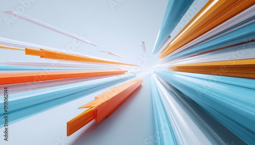 Streaks of orange and blue light recede into a bright, abstract horizon