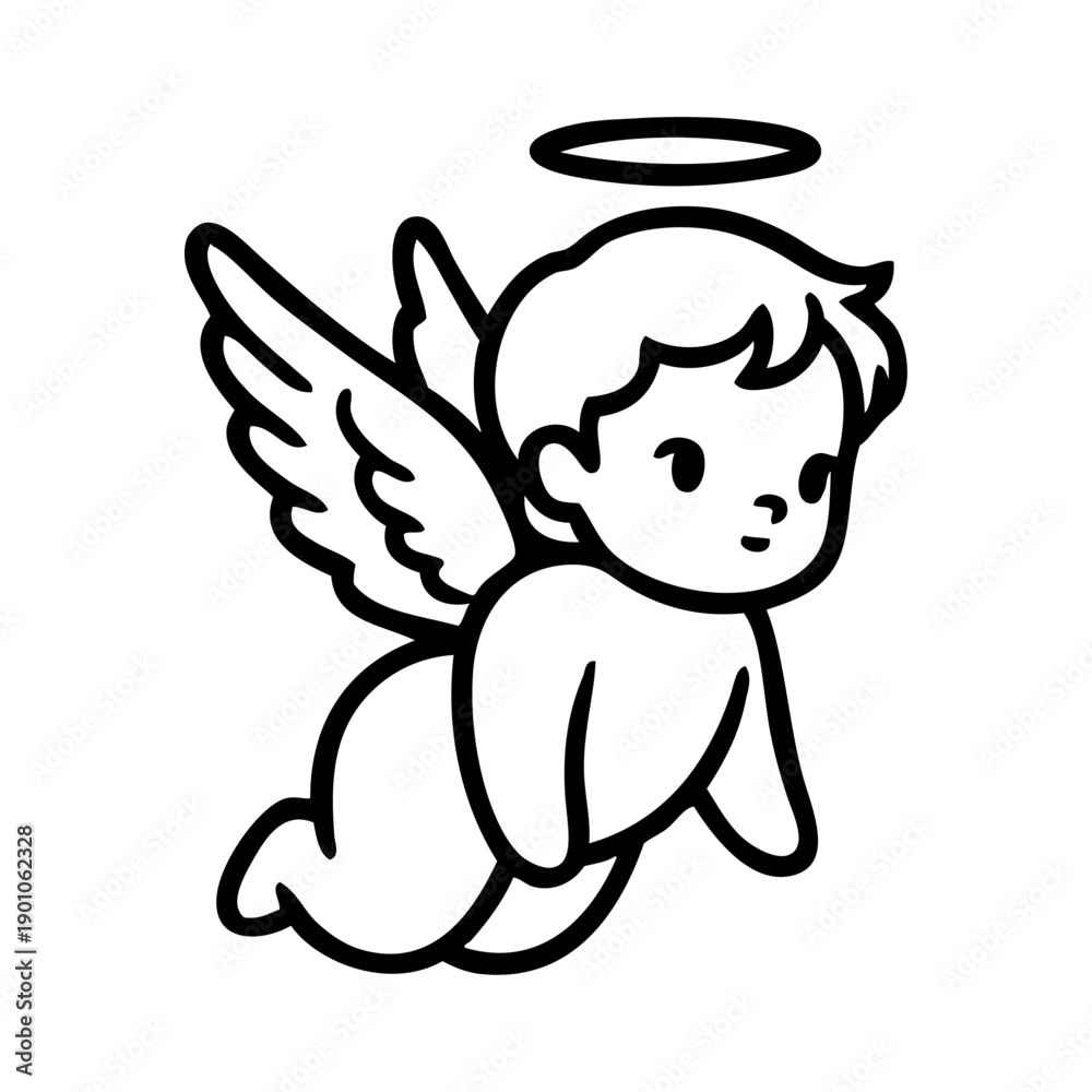 Fototapeta premium Dibujo sencillo con líneas de un querubín volando sonriente. Angelito feliz con alas