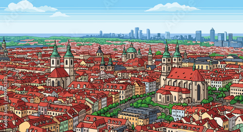 Colorful pixel art cityscape with red rooftops and modern skyline