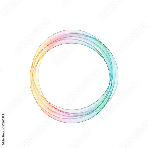 A striking rainbow circle composed of thin colored lines that smoothly transition from warm to cool shades.