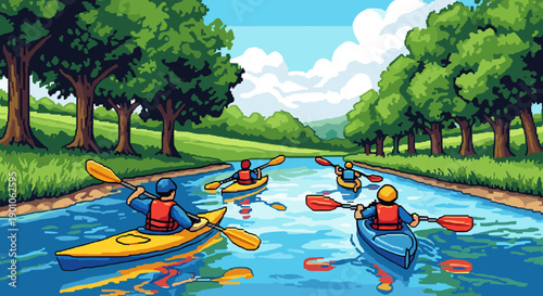 Pixel art kayaking adventure on a serene river with lush trees