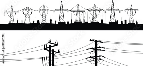 Electric power transmission lines and utility poles silhouette with high voltage towers, urban skyline background, energy infrastructure concept, electricity distribution network illustration