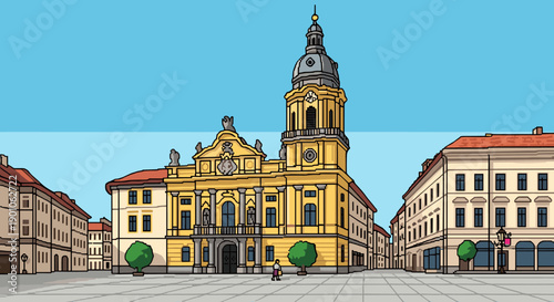 City square with historic european architecture and church on a clear day