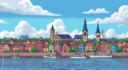 Charming pixel art cityscape with colorful buildings and boats along the waterfront