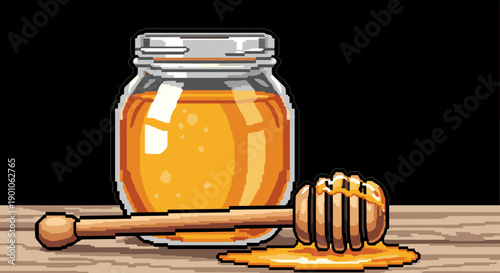 Pixel art honey jar with dripping honey dipper on wooden surface
