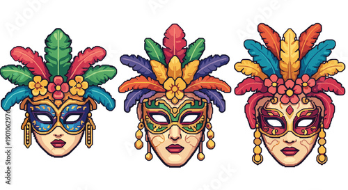 Colorful carnival masks with feathers and flowers in pixel art style