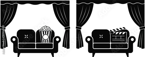 Home popcorn couch.  Home cinema setup, with sofa, popcorn, and a clapperboard. 