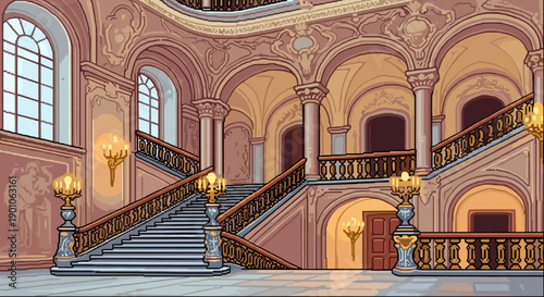 Majestic vintage staircase in grand building with elegant lighting and ornate details