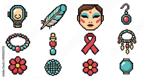Colorful pixel art icons of accessories and symbols in retro style