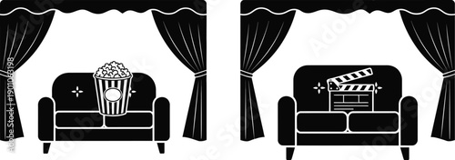 Home popcorn couch.  Home cinema setup, with sofa, popcorn, and a clapperboard. 