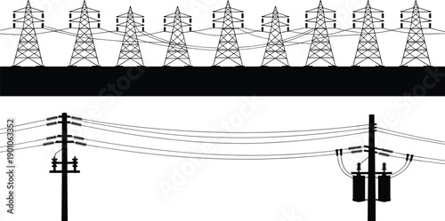 Electric power transmission towers and distribution lines illustration showing high voltage pylons utility poles energy infrastructure isolated on white background for industrial grid