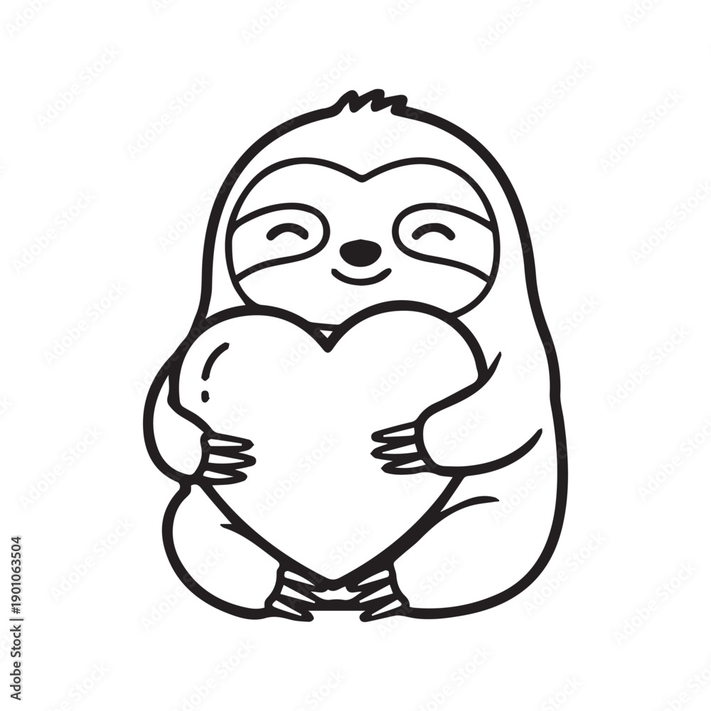 Naklejka premium Cute Sloth Hugging a Large Heart Shape Line Art Vector Illustration 