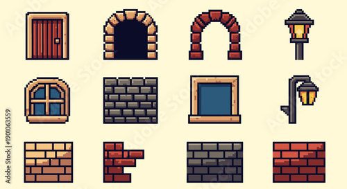 Retro pixel art architecture elements with doors, arches, windows, and walls