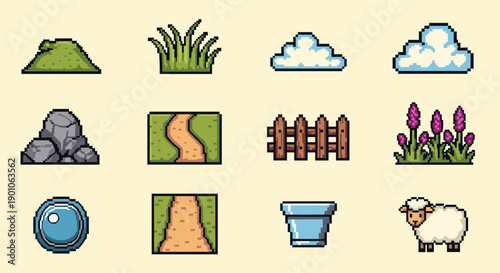 Nature-themed pixel art icons with garden elements and farm animals