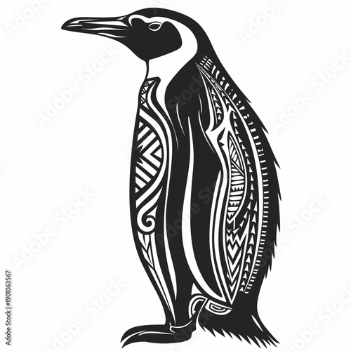 Stylized penguin illustration in black and white with intricate pattern