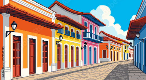 Vibrant pixel art street scene with colorful colonial buildings