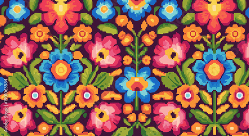 Colorful seamless floral pattern with bright pixel art flowers
