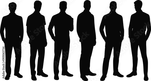 Group of anonymous standing men silhouettes isolated on white background representing teamwork, diversity, leadership, corporate identity, human resources concept, business professionals, 