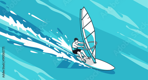 Cartoon illustration of a windsurfer riding the waves on a bright, sunny day. Perfect for travel, vacation, and sports-related marketing and designs.