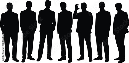 Group of business people silhouettes standing together, professional corporate team concept, anonymous male figures in suits isolated on white background
