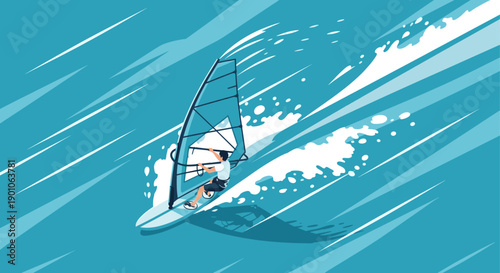 Illustration of a windsurfer in action. Fresh, modern, and perfect for travel blogs, vacation ads, sport websites. Depicts summer fun, adventure, and outdoor activities.