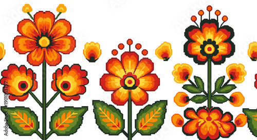 Bright pixelated floral pattern with vibrant flowers in retro style