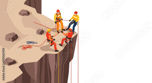Illustration of a rock climbing team rappelling down a cliff face. Suitable for illustrating adventure sports, teamwork, leadership, and outdoor activities concepts.
