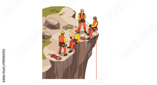 Cartoon illustration of rock climbers rappelling down a cliff face. Could be used for safety training materials, adventure tourism promotion or team building exercises.