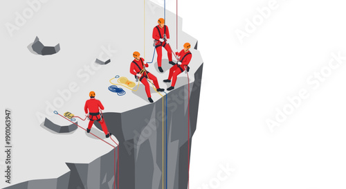 Illustration of rock climbers wearing safety gear and rappelling down a gray cliff. Useful for illustrating teamwork, adventure, safety, or risk management in a professional or adventurous context.
