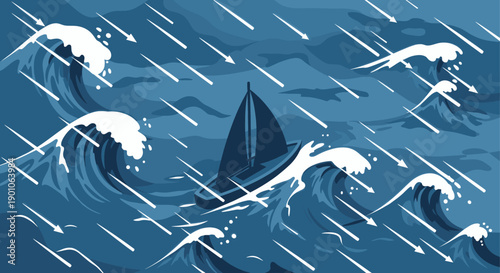 Digital illustration of a sailboat in a stormy sea. The boat battles large waves and torrential rain, symbolizing resilience, challenges, or adventure.