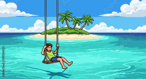 Pixel art island escape: child enjoying swing over tropical waters