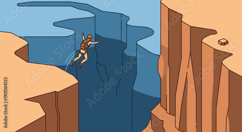 Cartoon illustration of a man jumping across a canyon. Symbolizes risk, challenge, success, progress and overcoming obstacles. Vector graphics for websites and marketing.