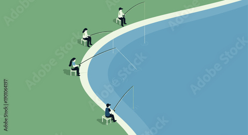 A group of people are fishing side by side in the lake, this can illustrate team work, competition or passive income streams. The illustration is clean and simple.