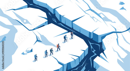 Illustrative image of climbers crossing a deep ice crevasse. Ideal for adventure, teamwork, challenges, and outdoor themed content.