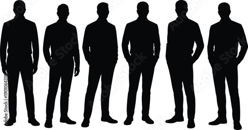 Group of professional men silhouettes standing together in formal poses, representing business team, leadership, corporate workforce, diversity, unity, and anonymous male figures on white background