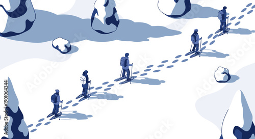 A stylish illustration of people ski touring in a snowy mountain landscape. Perfect for travel, outdoors, winter sports, and adventure themes. Use for websites, articles, and marketing.