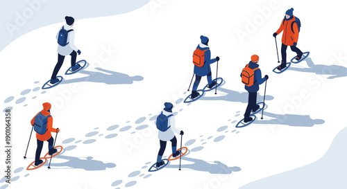Six people with backpacks snowshoeing through snow, rendered in an isometric, vector illustration style. Winter outdoor activity, adventure, and teamwork themes.