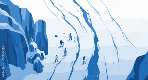 Graphic illustration of hikers climbing a snow-covered mountain. Ideal for travel, adventure, outdoor recreation, or teamwork related projects, depicting challenge and achievement.