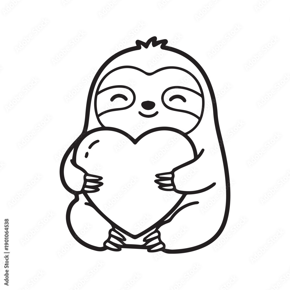 Obraz premium Cute Sloth Hugging a Large Heart Shape Line Art Vector Illustration 