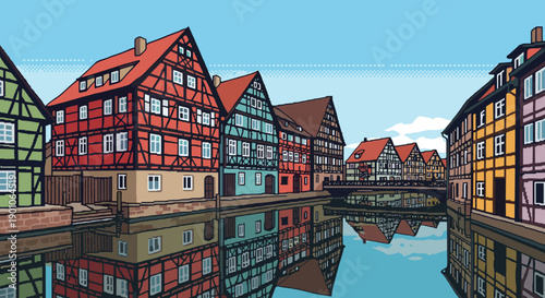 Charming pixel art village with colorful half-timbered houses and serene river reflection