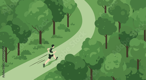 Illustration of a man running in a green park on a path. Suitable for healthy lifestyle blogs, fitness apps, or outdoor activity promotion.