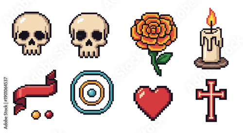 Retro pixel art: skulls, flowers, and candle design set