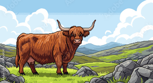 Majestic highland cow in scenic landscape with pixel art style