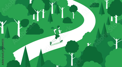 An illustration of a runner on a white path through a stylized, green forest. Ideal for health, fitness, recreation, park or nature themes.