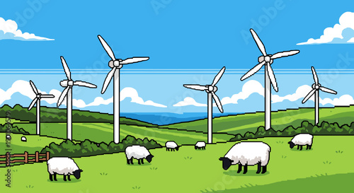 Pixel art sheep grazing near wind turbines in lush green landscape