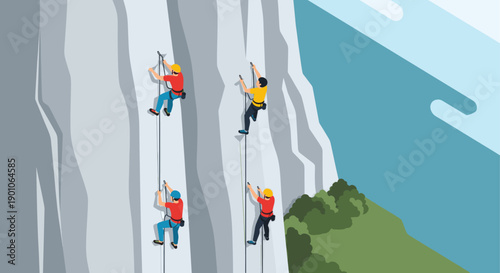 Illustration of four rock climbers on a light gray cliff face with a blue ocean backdrop. Could represent teamwork, overcoming challenges, adventure, or outdoor activities.